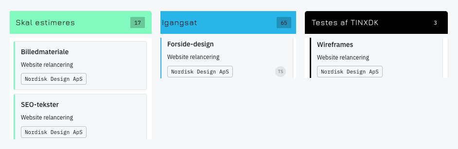 Kanban-tavle i OpenTIME med eksempelopgaver
